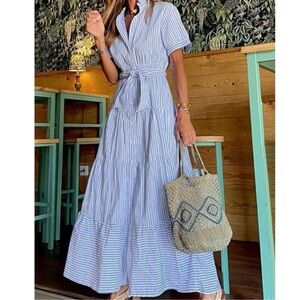 Boho Striped Butto Belted Short Sleeve Ruffle Hem Shirt Dress XS S M L XL XXL